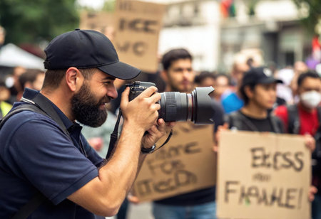A focused reporter photographs passionate protesters holding signs in a lively atmosphere.の素材