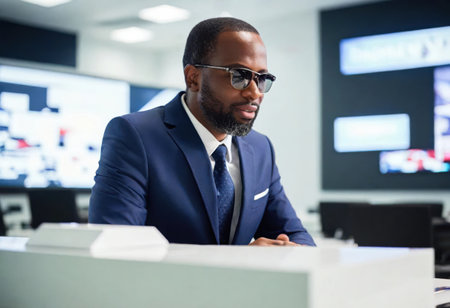 A well-dressed african american man attentively monitors breaking news in a contemporary newsroom setting.の素材