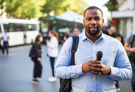 An african american reporter stands confidently holding a microphone, surrounded by pedestrians and urban activity.の素材