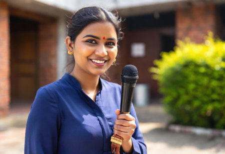 A confident indian reporter with a microphone engages the audience at a lively gathering.の素材