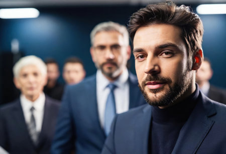 Focus shifts to a talented reporter during an exciting press conference with peers present.の素材