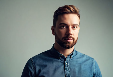 A man stands confidently, showcasing a modern look with a beard and denim attire.の素材