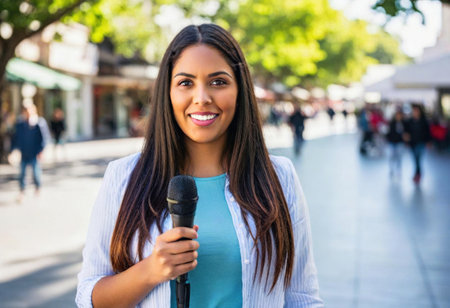 A confident reporter stands on a busy street, microphone in hand, engaging passersby.の素材