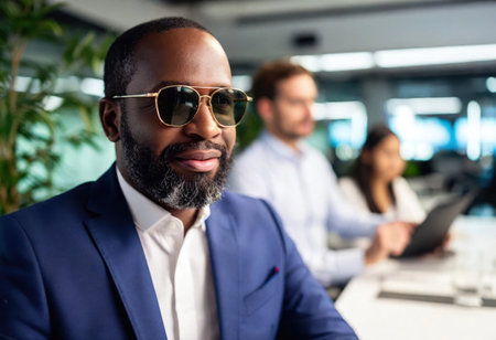 A poised african american man wearing sunglasses participates in a lively meeting with colleagues.の素材