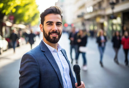 Charismatic bearded reporter conducts interviews amidst bustling city atmosphere on lively street.の素材