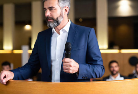 A well-dressed reporter holds a microphone while speaking to an attentive audience indoors.の素材