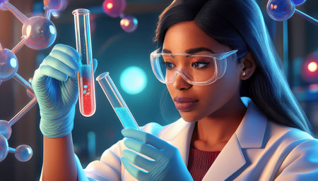 A scientist studies colorful liquids in test tubes, showcasing laboratory research.の素材