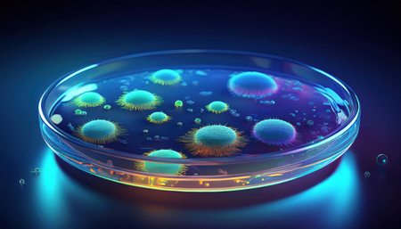 Vibrant microorganisms in a petri dish illuminate a high tech lab with swirling colors and bubbles.の素材