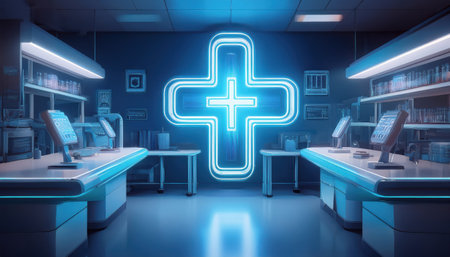Bright neon lights create a lively vibe in a high tech medical research facility.の素材