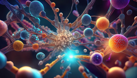 Illustration shows cellular components and their connections in a lab setting.の素材