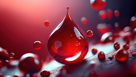 Red droplets suspended, highlighting intricate interactions in a scientific setting.の素材