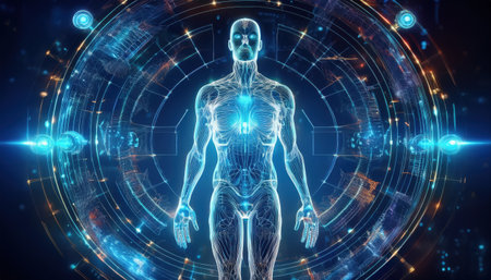 Illustration of a transparent human figure lit by bright energy patterns and connections.の素材