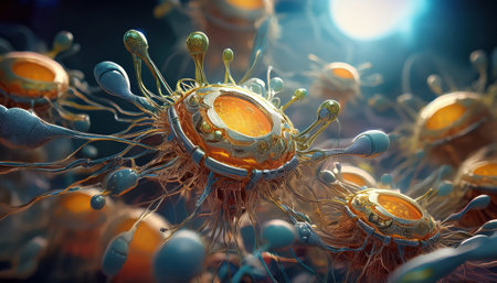 Colorful cellular entities with intricate designs in a high tech lab during research.の素材