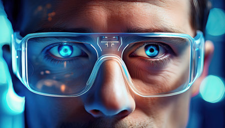 Individual in futuristic eyewear embodies the spirit of scientific exploration and discovery.の素材