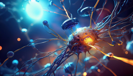 A detailed view shows neurons interacting in a research setting, emphasizing their functions.の素材