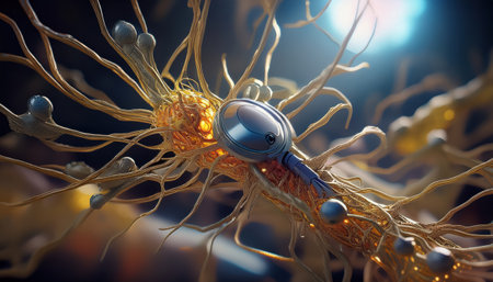 A neuron depicted with advanced medical tools, highlighting neural research.の素材