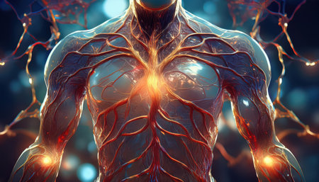 A detailed depiction highlights the complex blood vessel and neural pathways in the human body.の素材