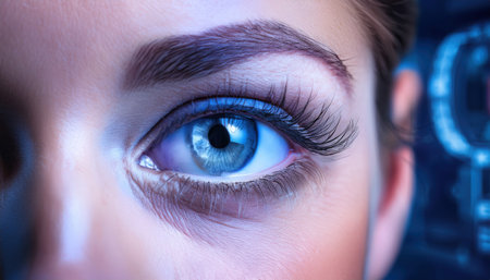 A close up view captures a striking blue eye surrounded by advanced scientific tools and research.の素材