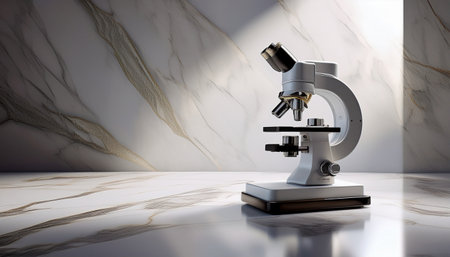 A microscope sits on a sleek marble surface, softly lit, symbolizing scientific discovery.の素材