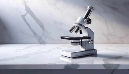 High tech microscope positioned on a marble counter in a contemporary research laboratory.の素材