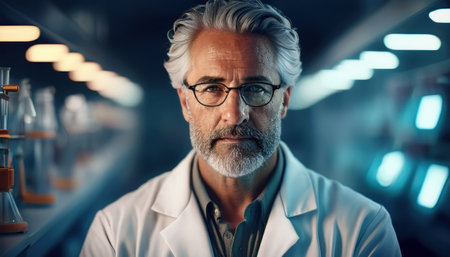 A dedicated scientist examines innovative solutions within a high tech laboratory environment.の素材