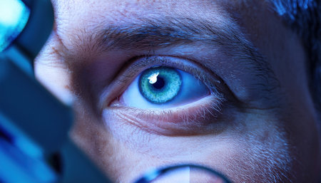 Close examination of cellular details takes place with modern equipment in a high tech lab setting.の素材