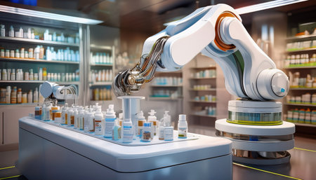 Sophisticated robotic arms work diligently to prepare and process medications in a modern lab.の素材