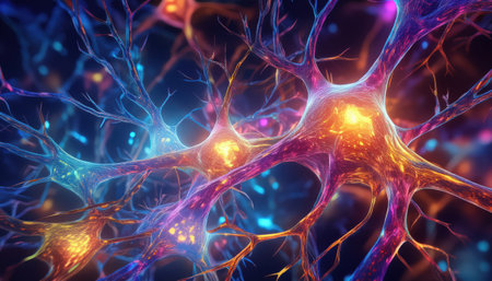 Colorful neural connections illuminate the intricate web of neurons in a dynamic research setting.の素材