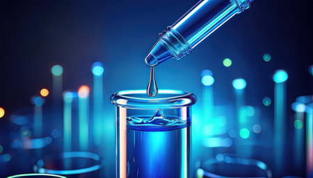 A pipette drops a droplet into a glowing test tube, brightening the lab atmosphere.の素材