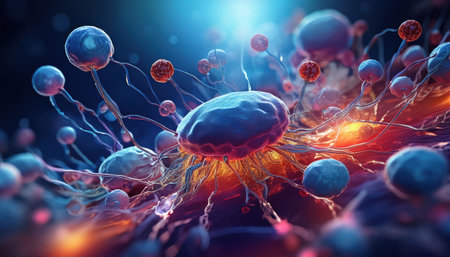 Vivid depiction of cells interacting, highlighting scientific research in action.の素材