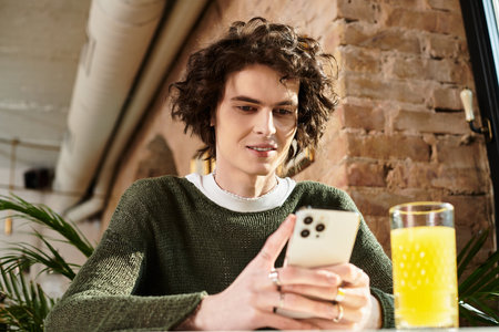 Handsome young guy relaxes at a cafe, engaged with his smartphone and enjoying a refreshing drink.の写真素材