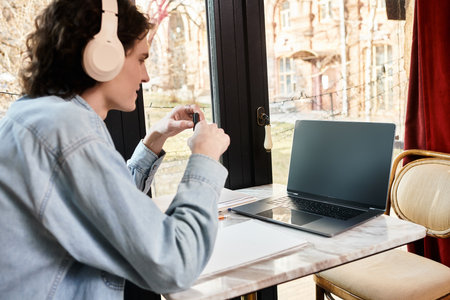 Handsome young guy relaxes at a cafe, focused on his tasks with headphones on, surrounded by charm.