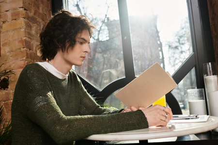 Young man focuses intently on the book while relaxing in a bright cafe on a sunny day.の写真素材