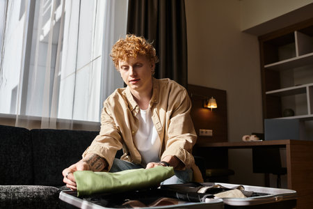 A man unpacking his belongings in a cozy hotel room.の写真素材