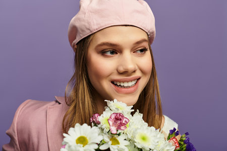 Charming young woman radiates joy in a stylish spring outfit while holding fresh flowers.の写真素材