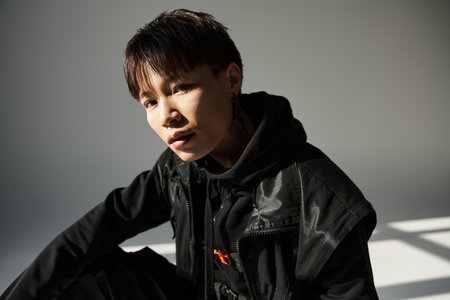 Handsome young man dressed in trendy black attire poses thoughtfully in a minimalist setting.の写真素材