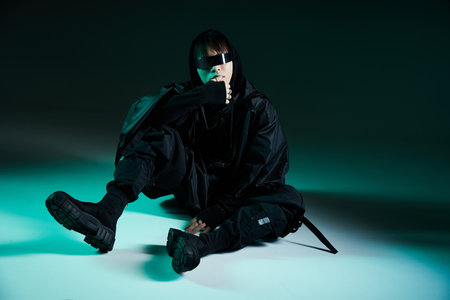 Handsome young man dressed in black streetwear, sitting on the ground in a stylish pose.の写真素材