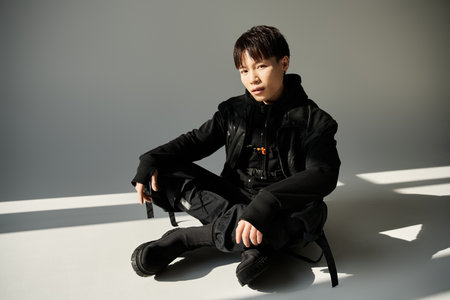 A stylish young man sits gracefully on the floor, illuminated by soft light.の写真素材