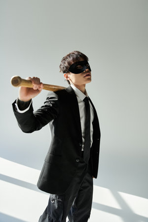 A handsome young asian man, dressed in formal attire, holds a bat confidently while wearing a mask.の写真素材