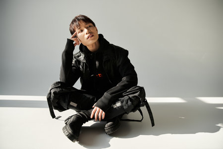 A stylish young Asian man sits comfortably on the floor, exuding a relaxed vibe.の写真素材