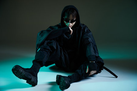 A stylish Asian man sits thoughtfully in a trendy black outfit with bold accessories.の写真素材