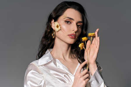 A beautiful young woman with brown hair elegantly poses among vibrant spring flowers, exuding grace.