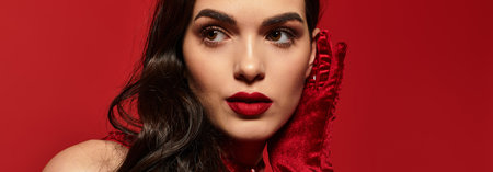 A beautiful young woman showcases her red lips and elegant attire in a studio setting, banner