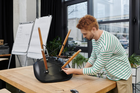 A young man focuses on putting together a chair in a modern workspace while relocating.