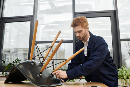 A young man carefully disassembles a chair while getting ready for a workspace move.の写真素材