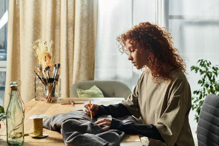 Creative young woman engages in DIY crafting, designing unique fabric pieces with focus and skill.の写真素材