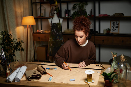 A young beautiful woman skillfully sketches her latest DIY project in a warm and inviting studio.