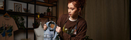 Young craftswoman passionately designs a unique denim jacket while surrounded by artistic decor.のeditorial素材