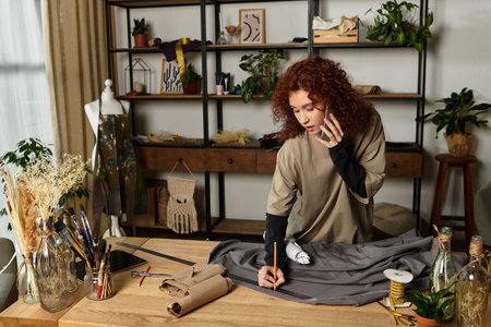 A talented craftswoman designs a unique fabric creation while surrounded by artistic materials.のeditorial素材