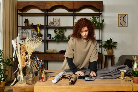 Young beautiful woman engaged in DIY crafts while organizing fabric and materials in a bright room.のeditorial素材